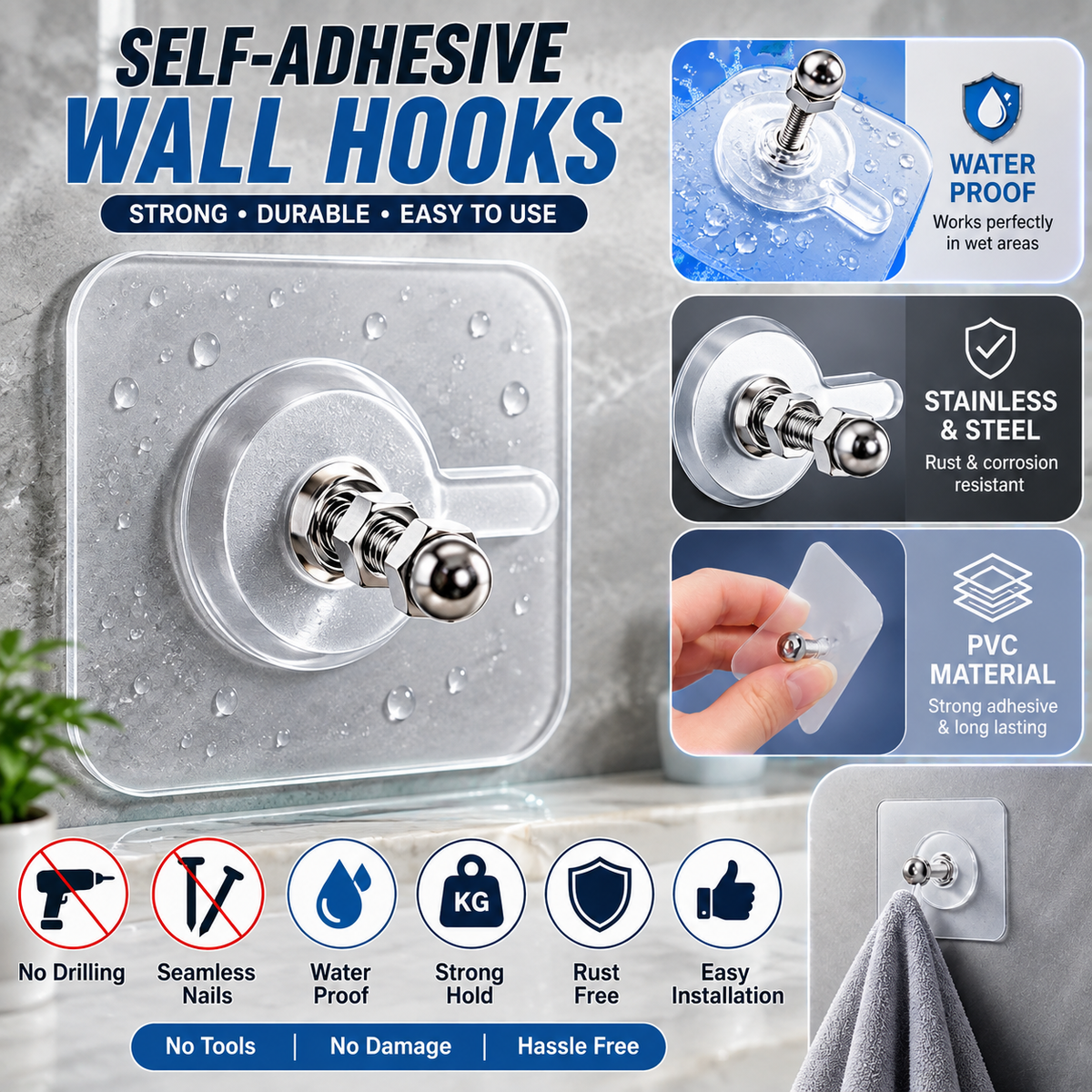 Heavy Duty Self-Adhesive Screw Hooks – Pack of 10