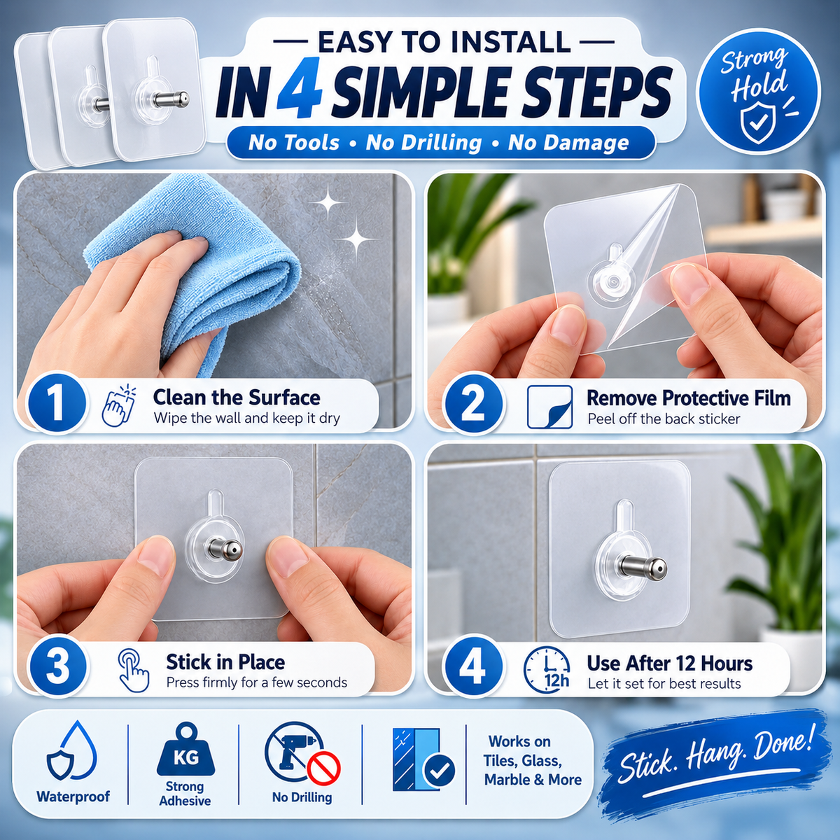 Heavy Duty Self-Adhesive Screw Hooks – Pack of 10