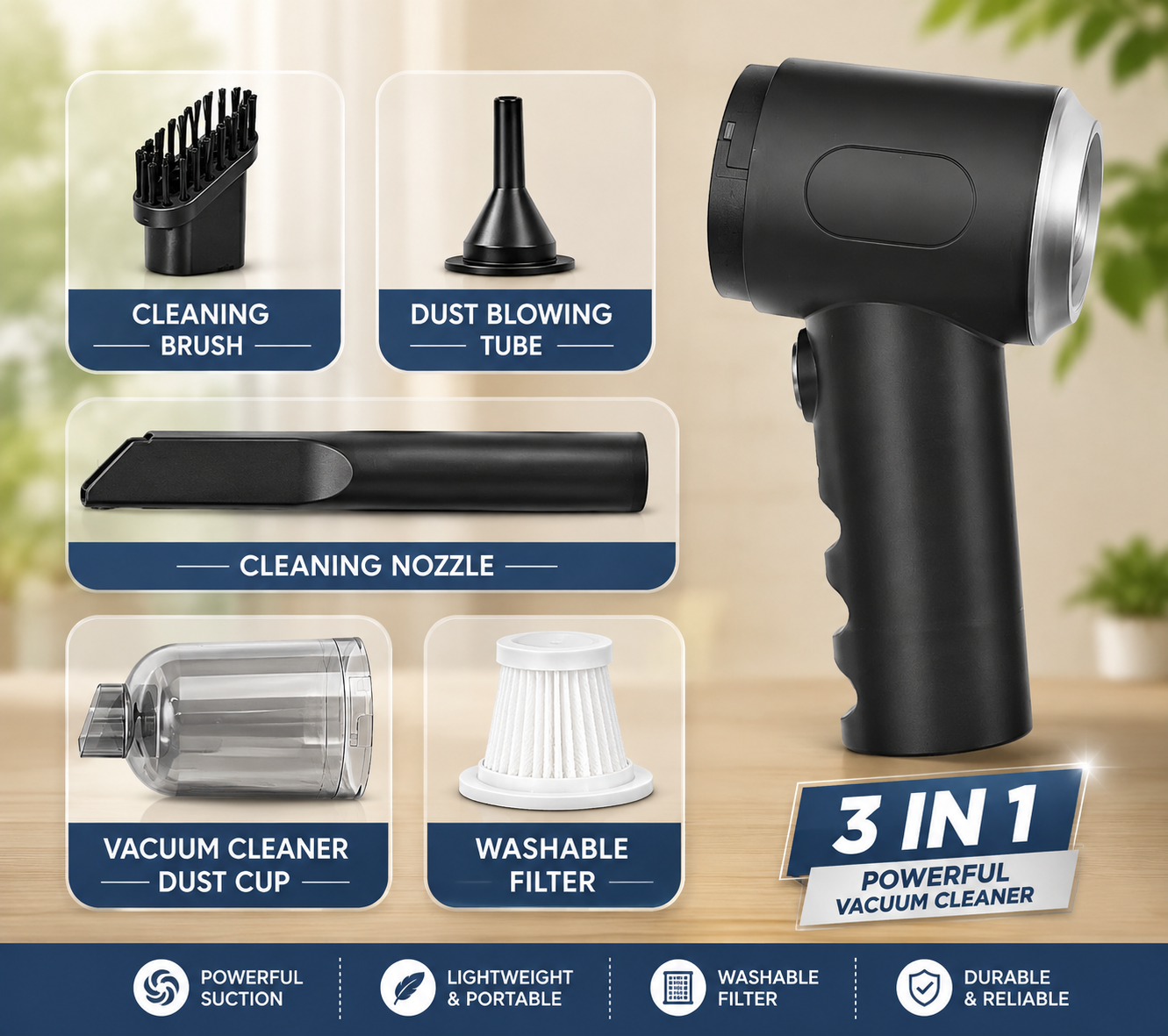 3 in 1 Mopping Vacuum Blower with Mini Dust Buster USB Portable Vacuum Cleaner Dry and Wet
