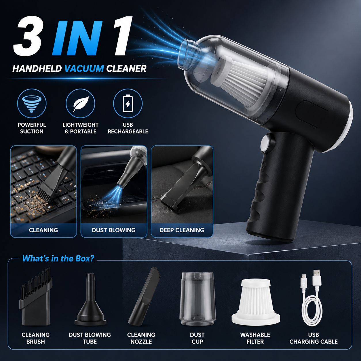 3 in 1 Mopping Vacuum Blower with Mini Dust Buster USB Portable Vacuum Cleaner Dry and Wet