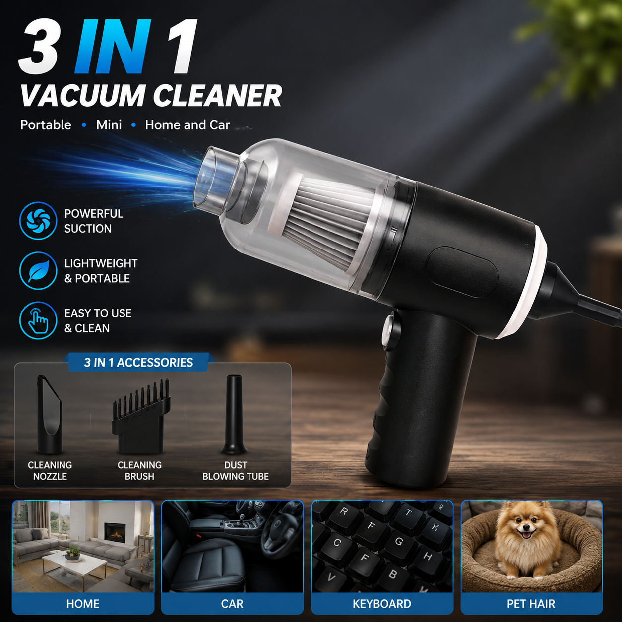 3 in 1 Mopping Vacuum Blower with Mini Dust Buster USB Portable Vacuum Cleaner Dry and Wet